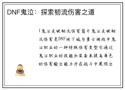 DNF鬼泣：探索韧流伤害之道